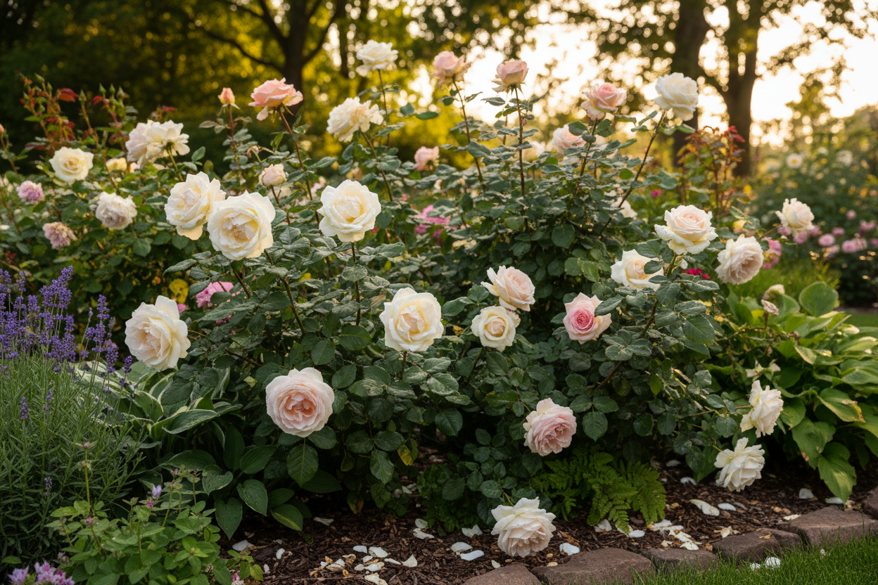 Bild von mehreren Rosen in einem schönen Gartenbeet. Natürlich und ästhetisch